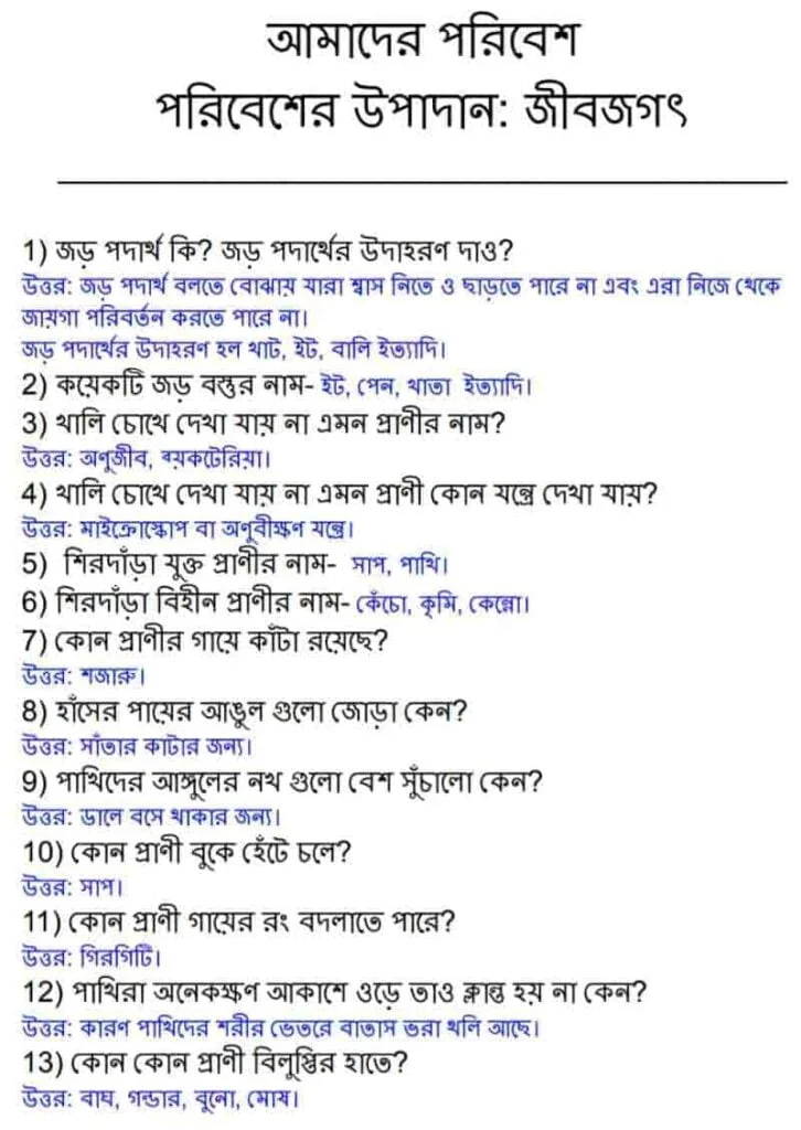 চতুর্থ শ্রেণি আমাদের পরিবেশ প্রথম চ্যাপ্টার পরিবেশের উপাদান জীবজগৎ