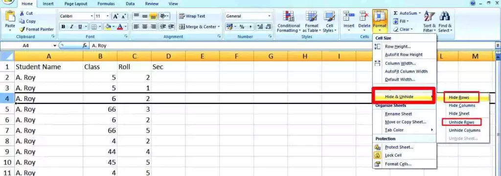 ms excel row hide and unhide