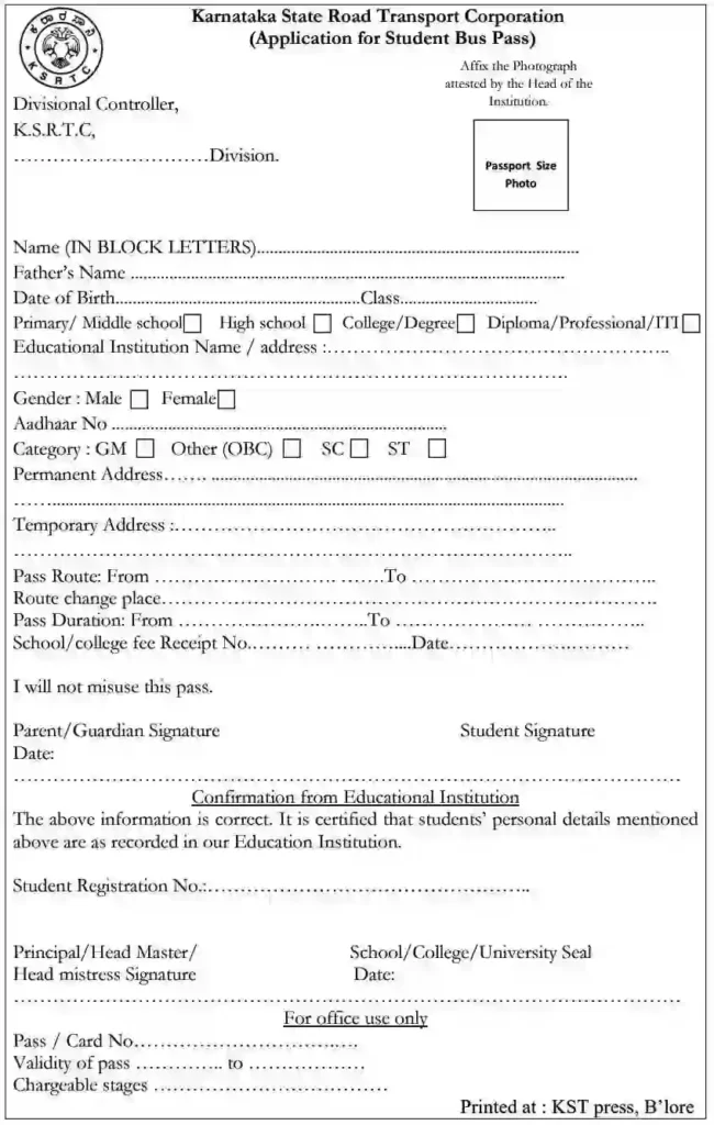 Ksrtc student bus pass application form