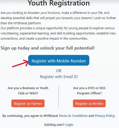MY Bharat Online Registration with Mobile Number