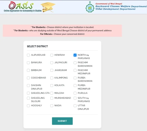 oasis apply online select district
