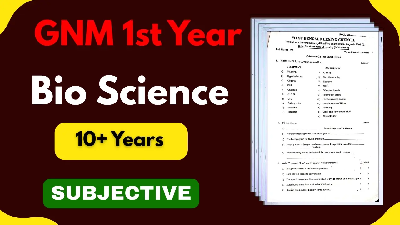 GNM 1ST YEAR BIO SCIENCE 10 YEARS SUBJECTIVE QUESTION PAPER