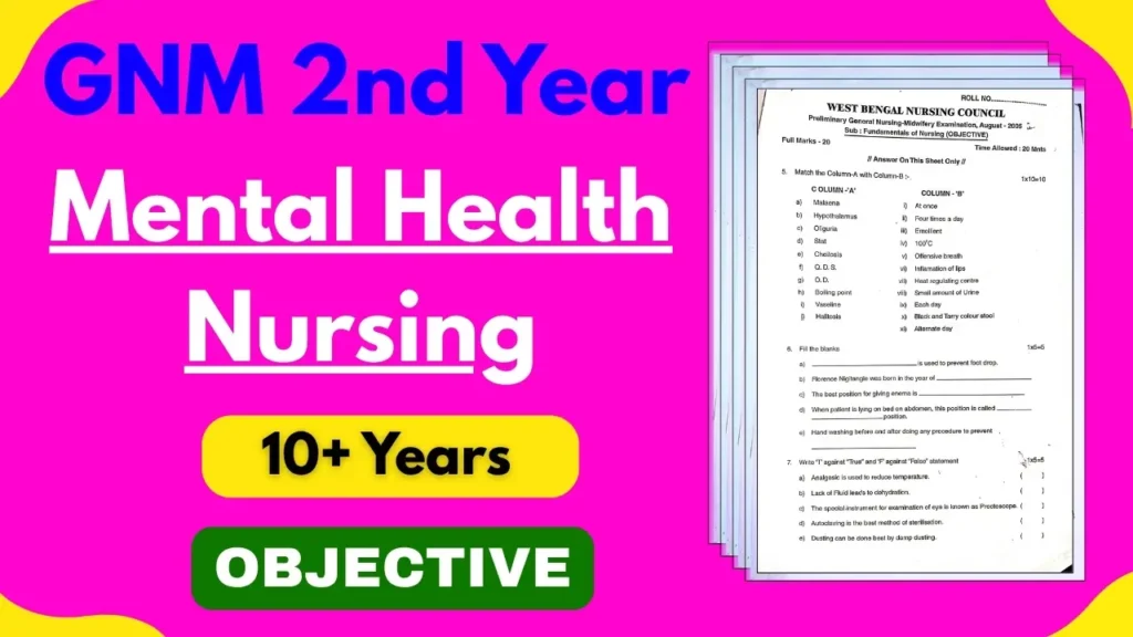 GNM 2ND YEAR MENTAL HEALTH NURSING 10 YEARS OBJECTIVE QUESTION PAPER